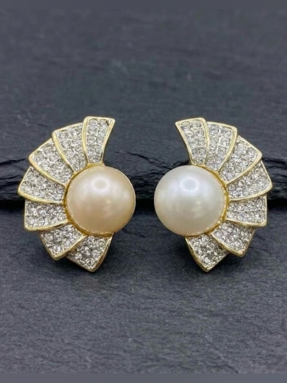Vintage 80s Butler Faux Pearl Rhinestone Fan Gold Tone Statement Clip Earrings